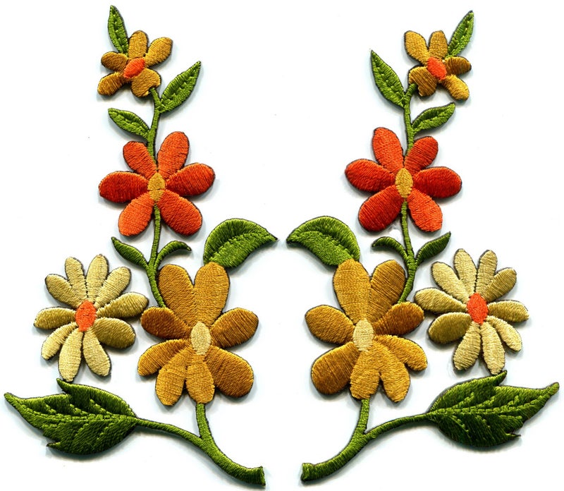 Orange Gold Wild Flowers Pair Floral Boho Embroidered Appliques Iron-on Patches S-1265
